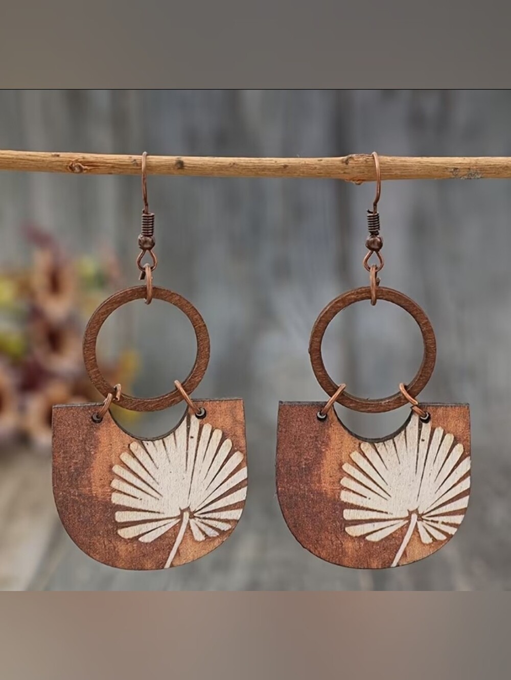 Brown and White Boho Palm Motif Wood Drop Earrings - NEW